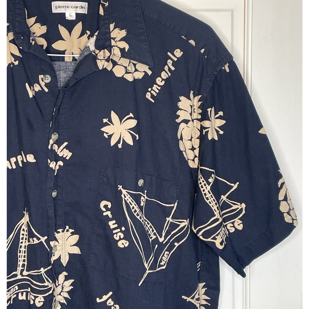 Pierre Cardin Men's Cotton Button-Down Shirt Sz L Relaxed Tropical Casual Travel - Picture 4 of 11